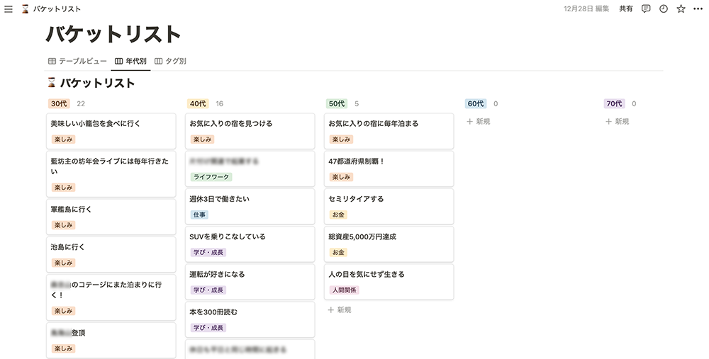 Notionでバケットリストのスクショ